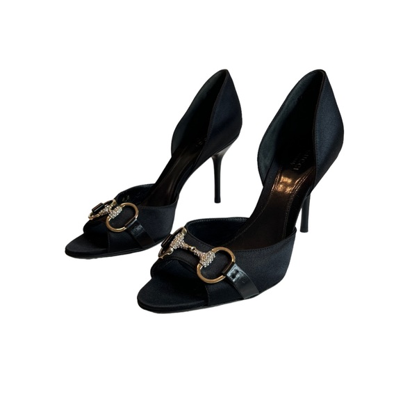 Gucci Shoes - GUCCI Black Satin Hollywood Gold Rhinestone Horse Bit Peep Toe Heels Size 8.5B